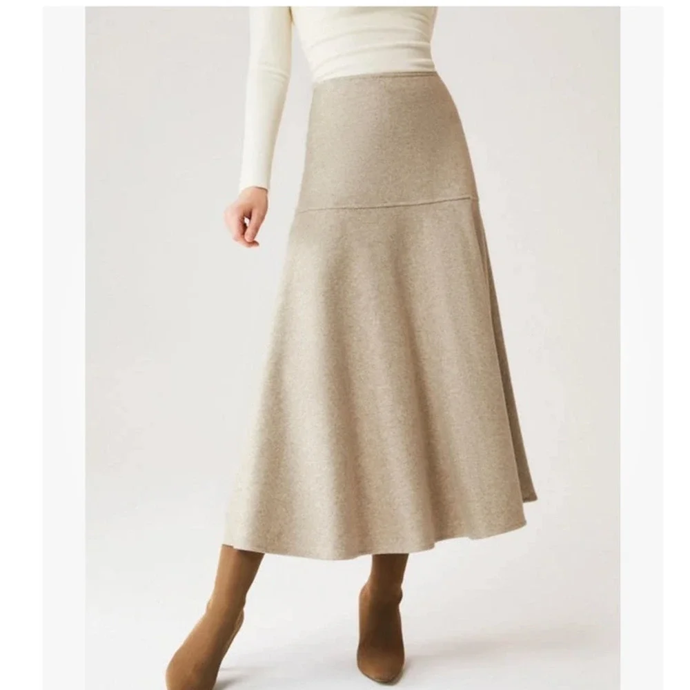OGL Move Fuzz Luxe Wool-like Flared Midi Skirt Heather Oatmeal XL Light Academia